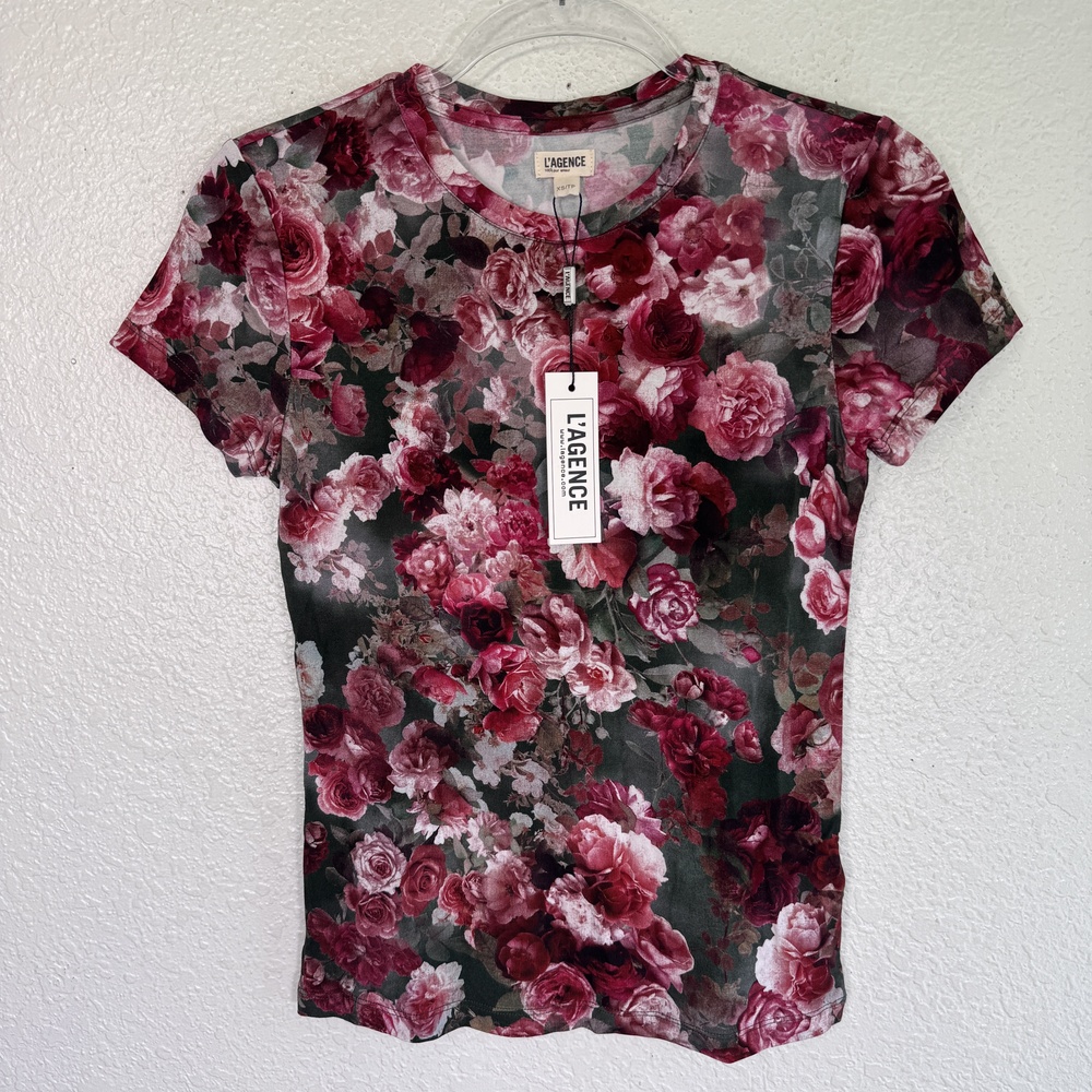 L'AGENCE Ressi Shirt Womens XS Rose Floral Crew Neck Tee Romantic Boho Top NEW